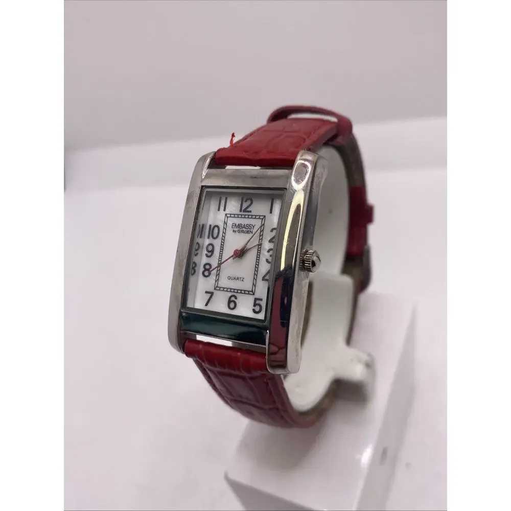 Embassy By Gruen Womens Red Band Tank Watch New Battery